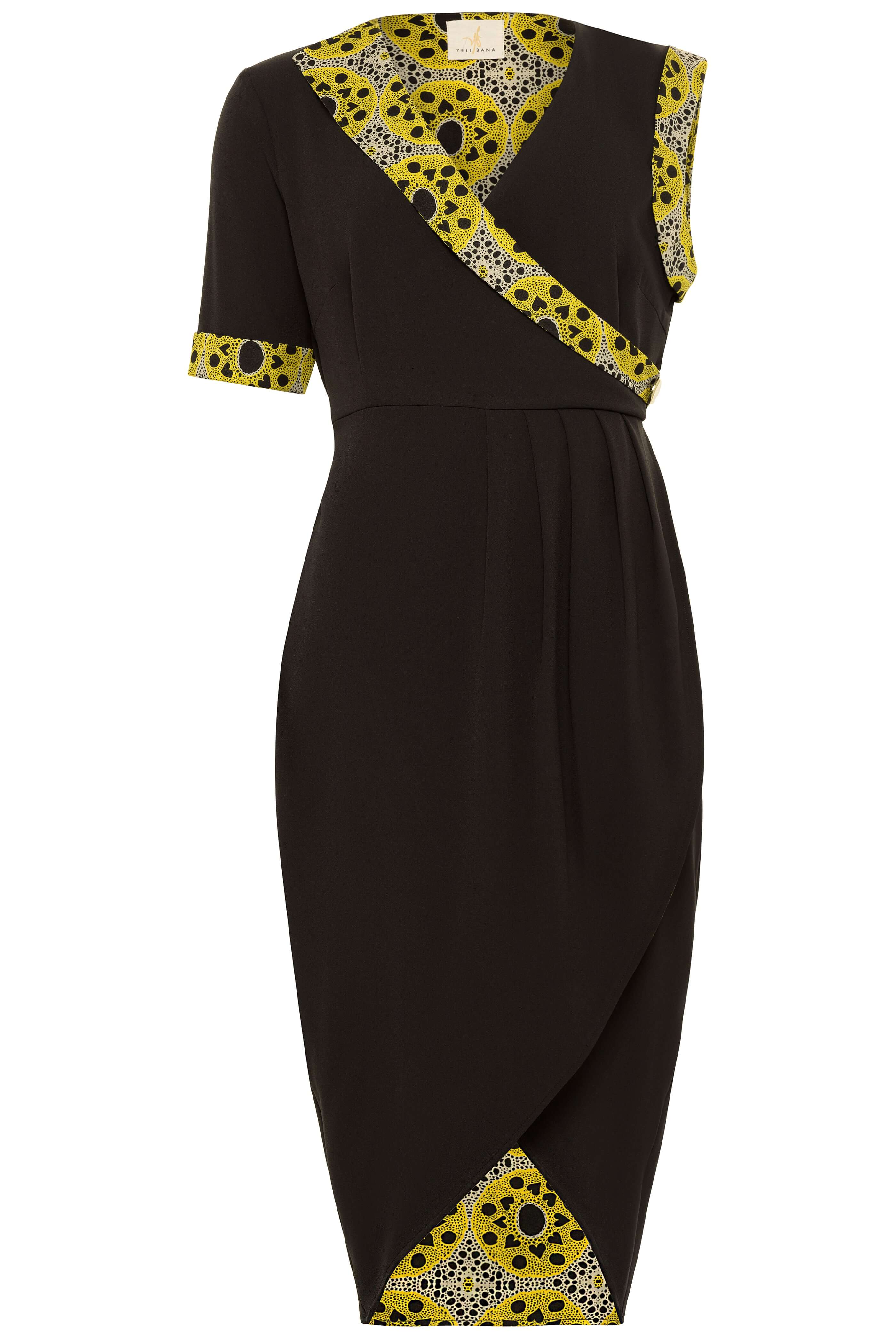 Ida Midi Wrap Dress Front View (Black & Yellow)