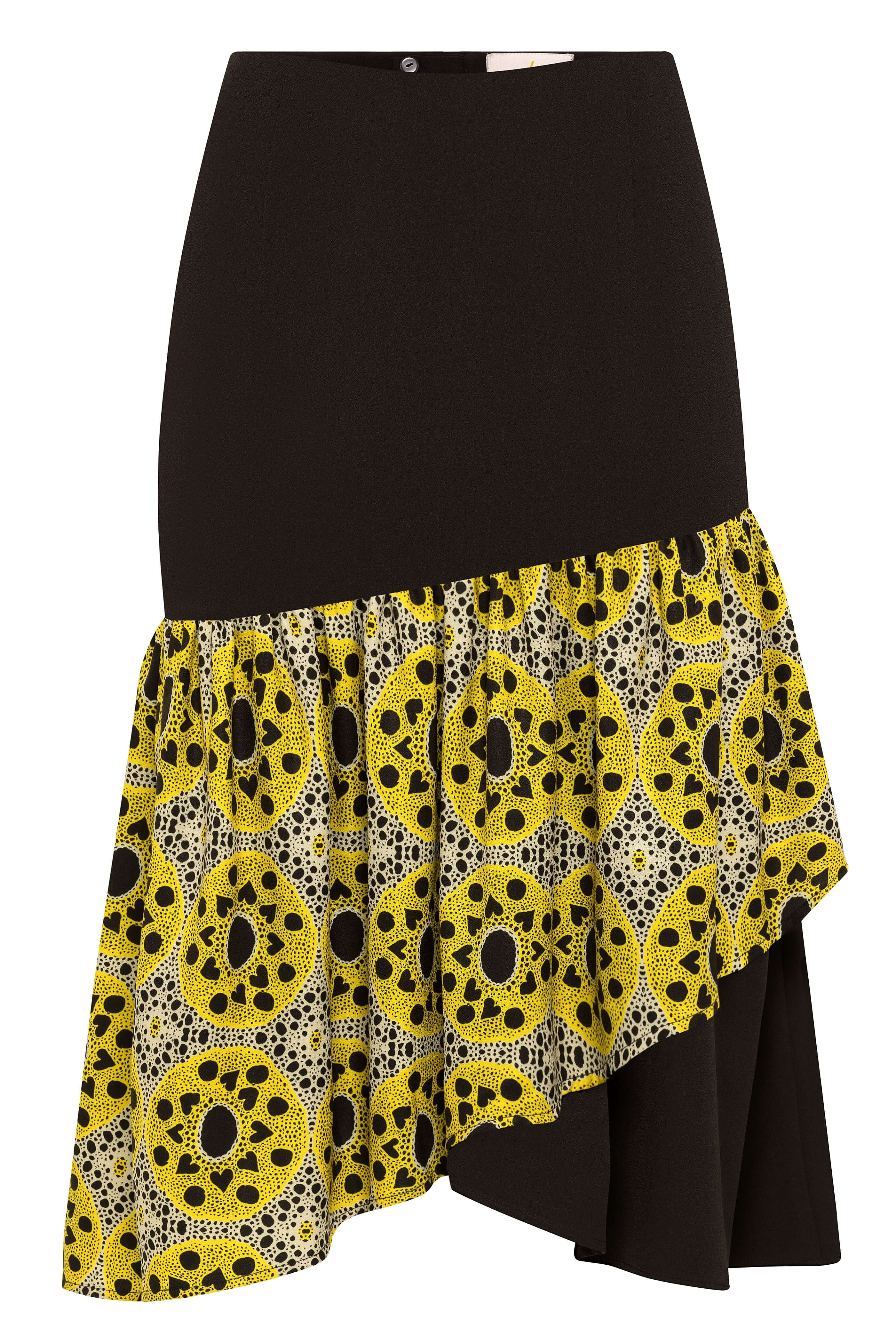 Sigi Fitted Midi Skirt Front View (Black & Yellow)