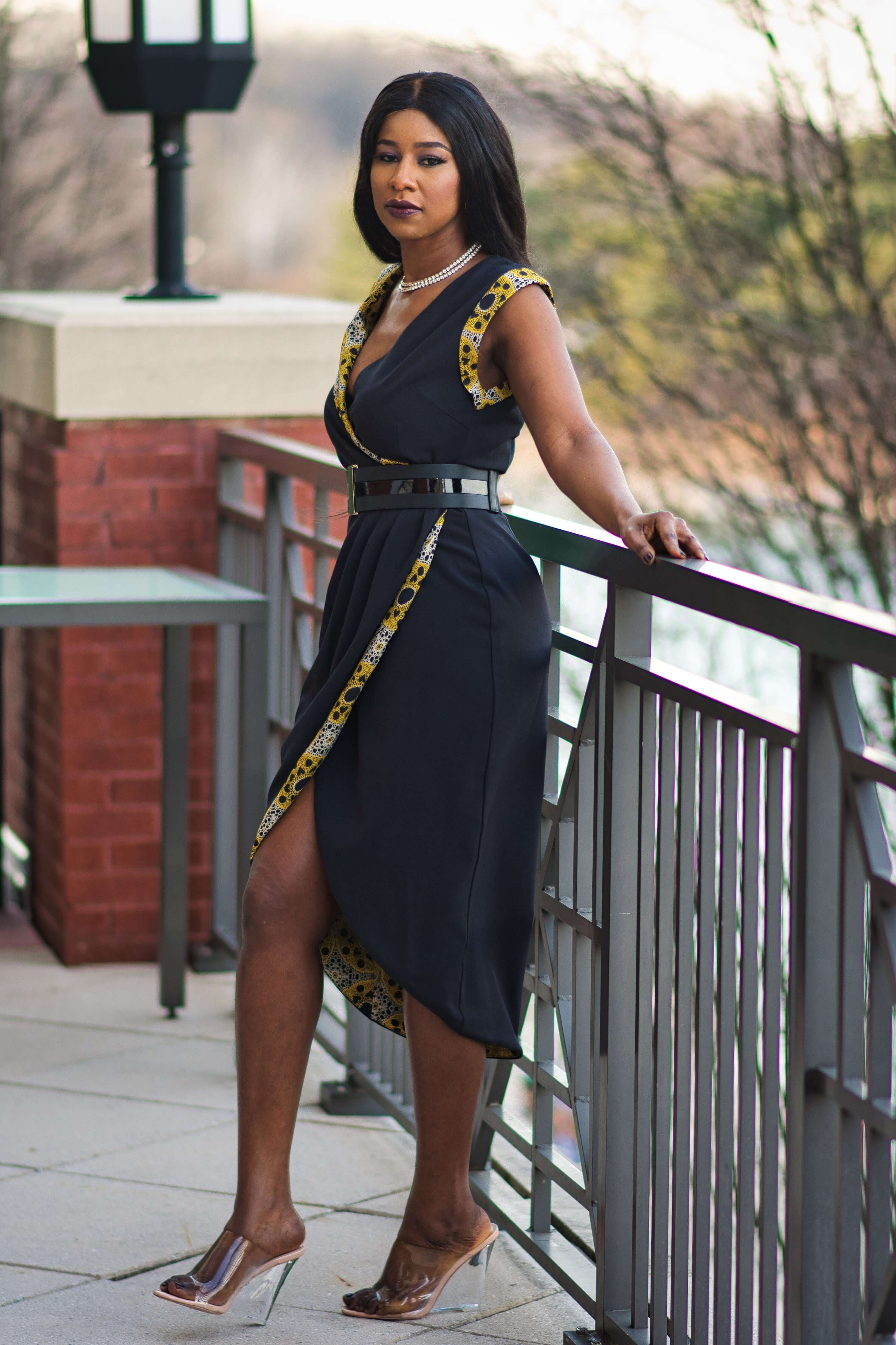 midi wrap black dress Midi Black Wrap Shirt Dress With Pockets by concept A trois