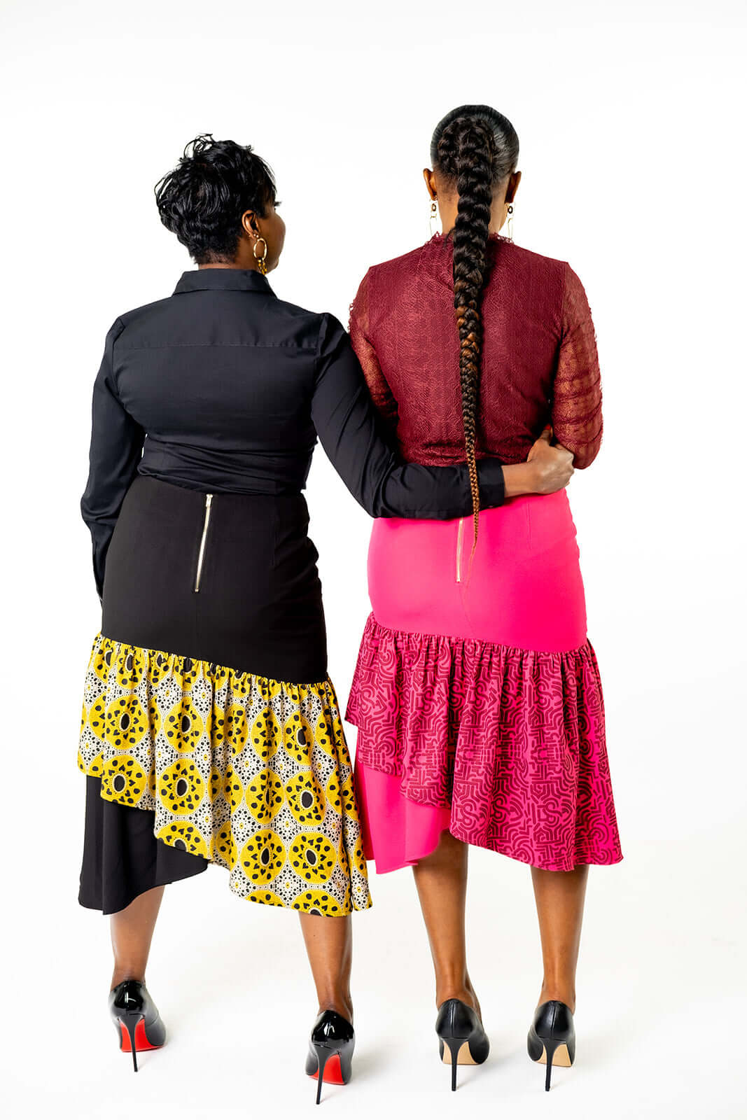 Sigi Fitted Midi Skirt Back View (Black & Yellow, Hot Pink)