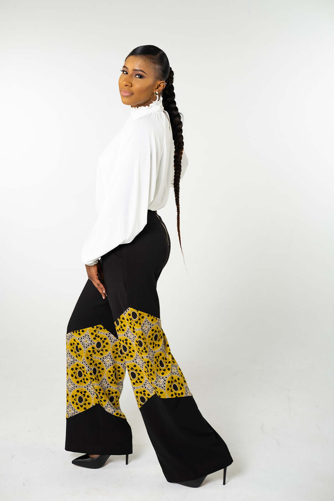 Zari High Waisted Wide Leg Pants Side View (Black & Yellow)