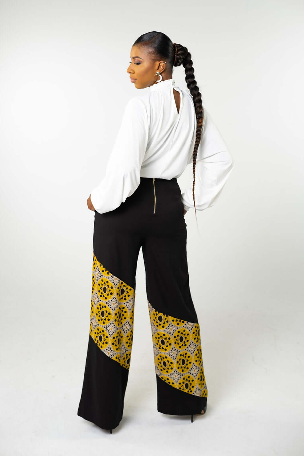 Zari High Waisted Wide Leg Pants Back View (Black & Yellow)